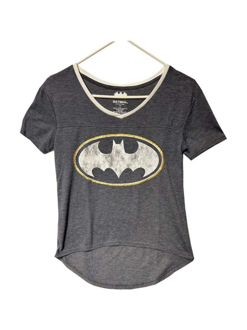 Women's Batman DC Comics Gray, White, and Gold V-Neck Short-Sleeve Tee